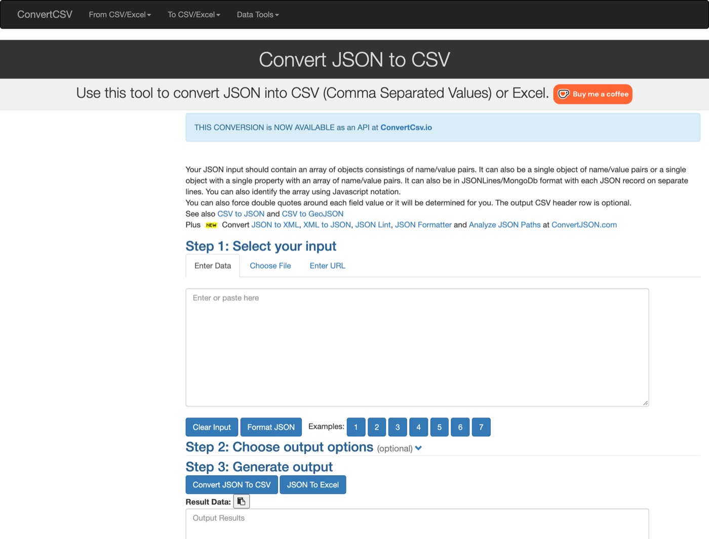 ConvertCSV JSON to CSV page with a note that the conversion is also available as an API