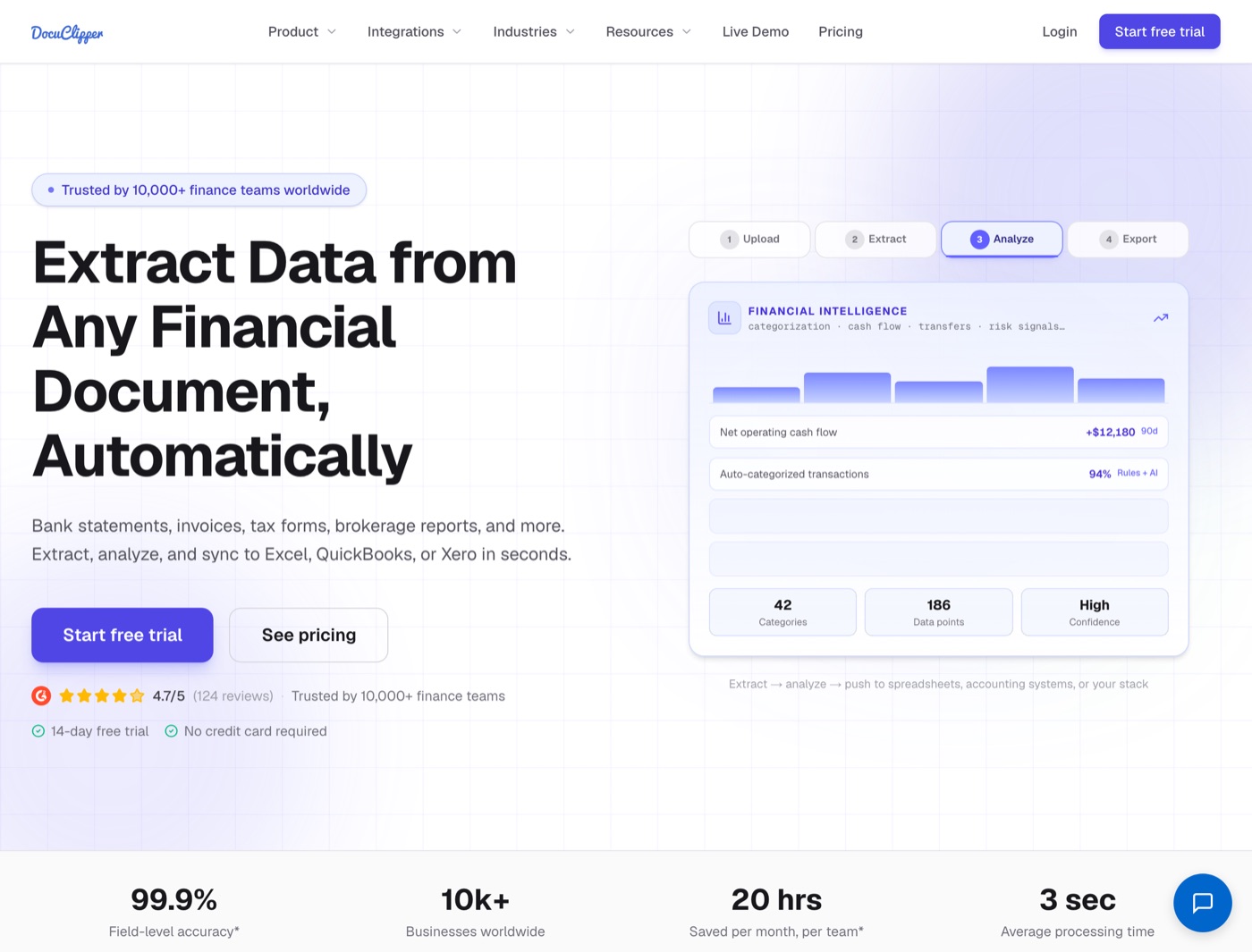DocuClipper homepage: extract data from any financial document, automatically