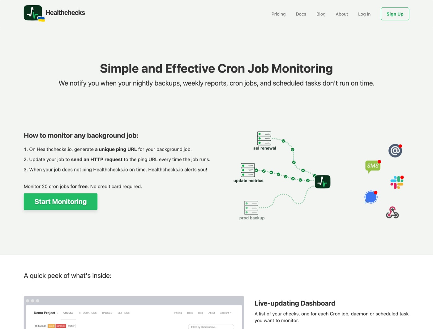 Healthchecks.io homepage: simple and effective cron job monitoring