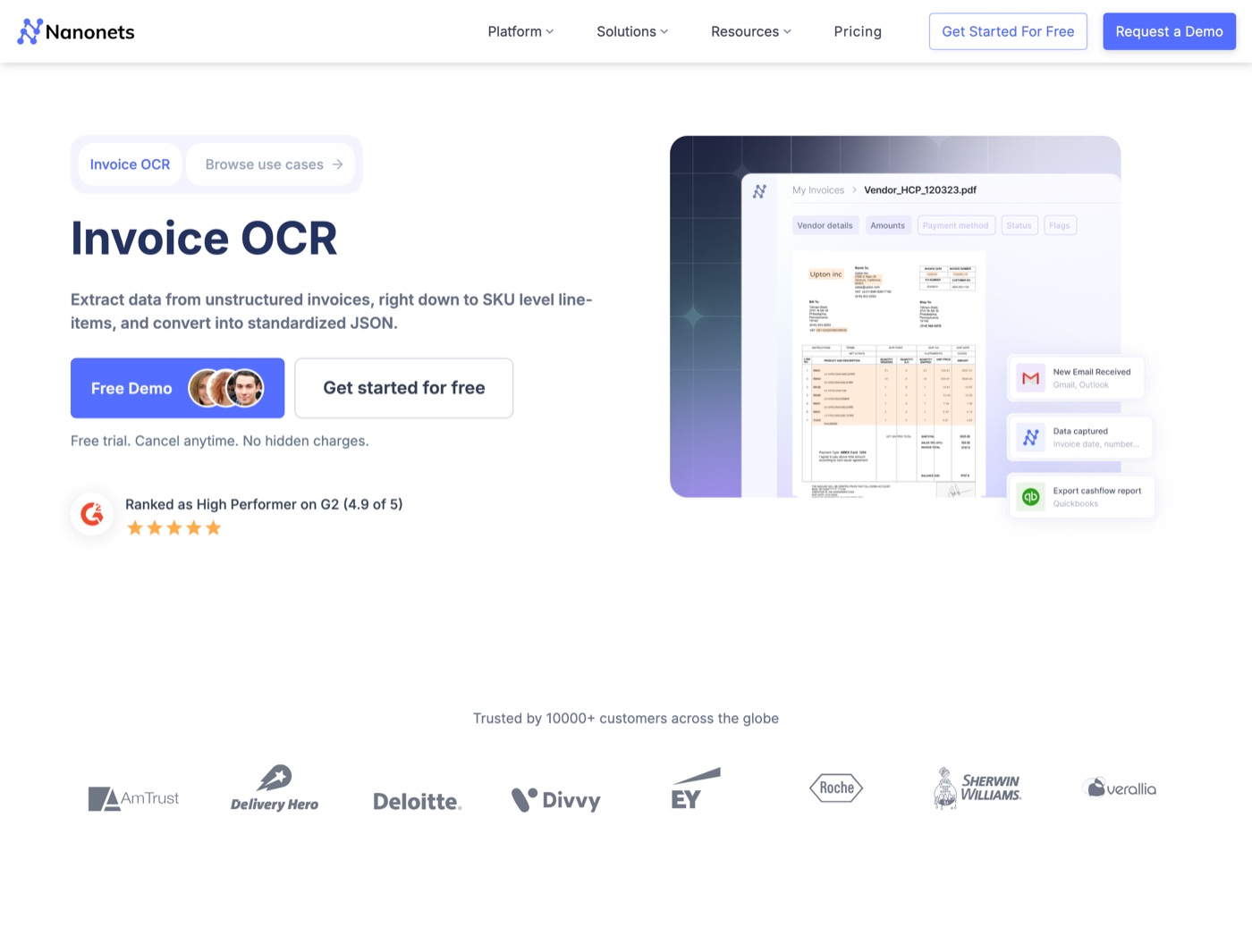 Nanonets Invoice OCR page: extract data from unstructured invoices, right down to SKU level line-items