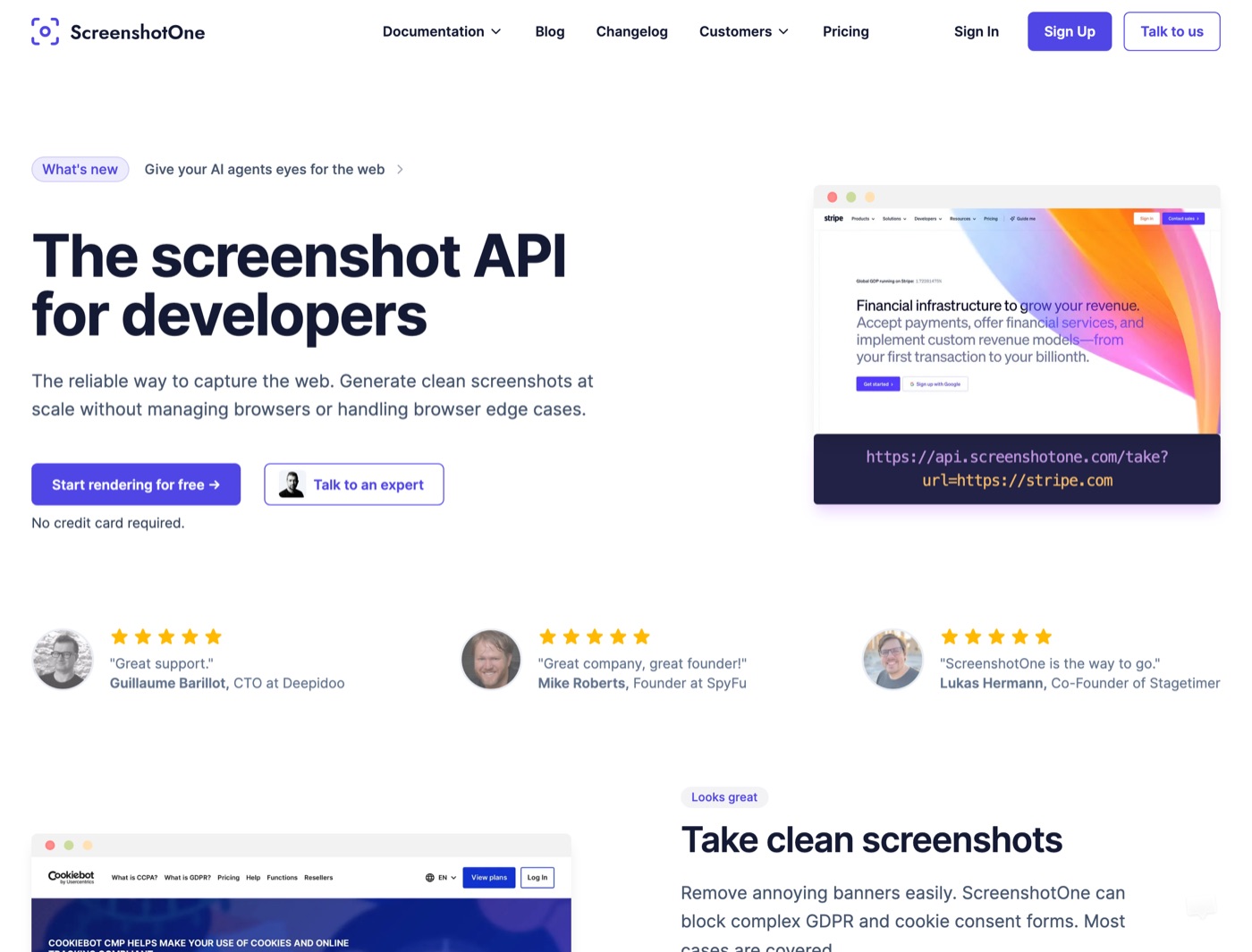 ScreenshotOne homepage: the screenshot API for developers