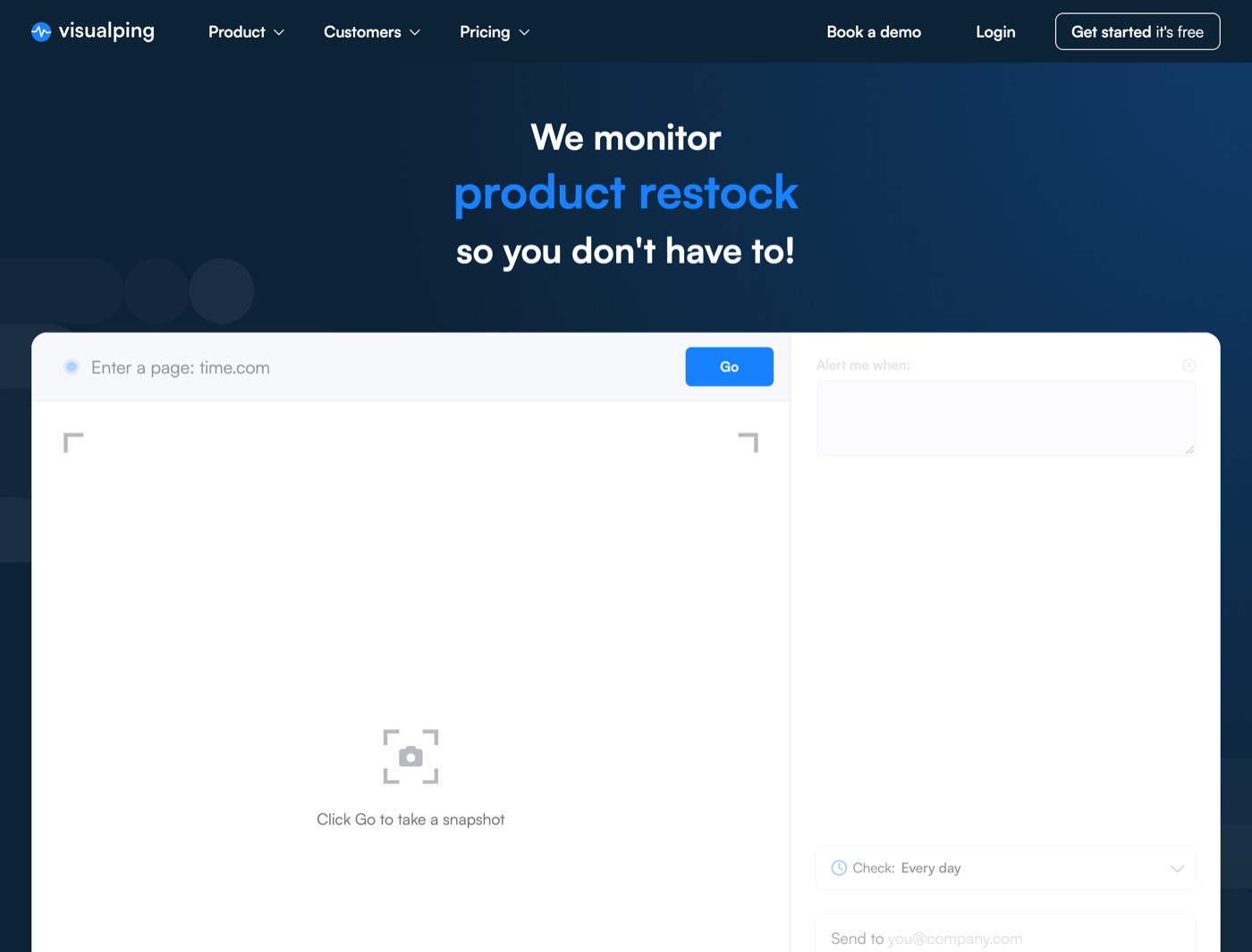 Visualping homepage: we monitor product restock so you don't have to