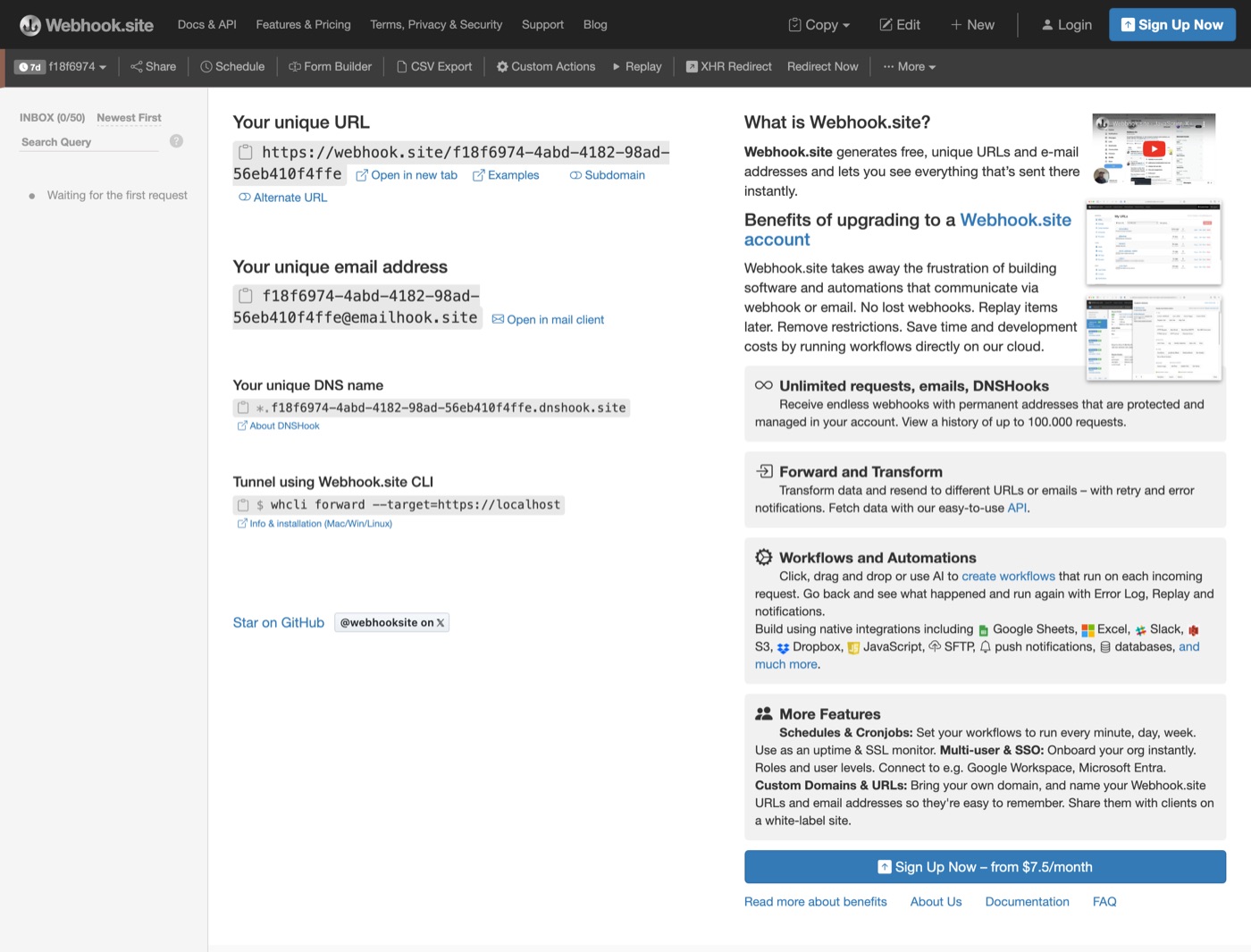 Webhook.site with a free unique URL and an upgrade panel starting at $7.5 a month