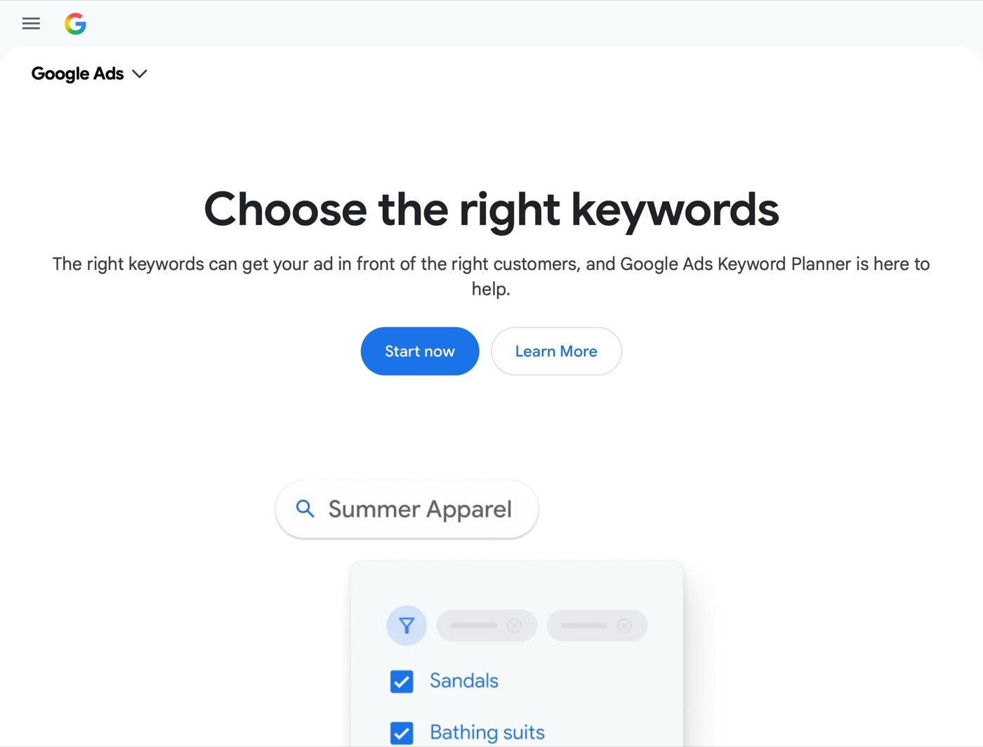 Google Ads Keyword Planner page: Choose the right keywords