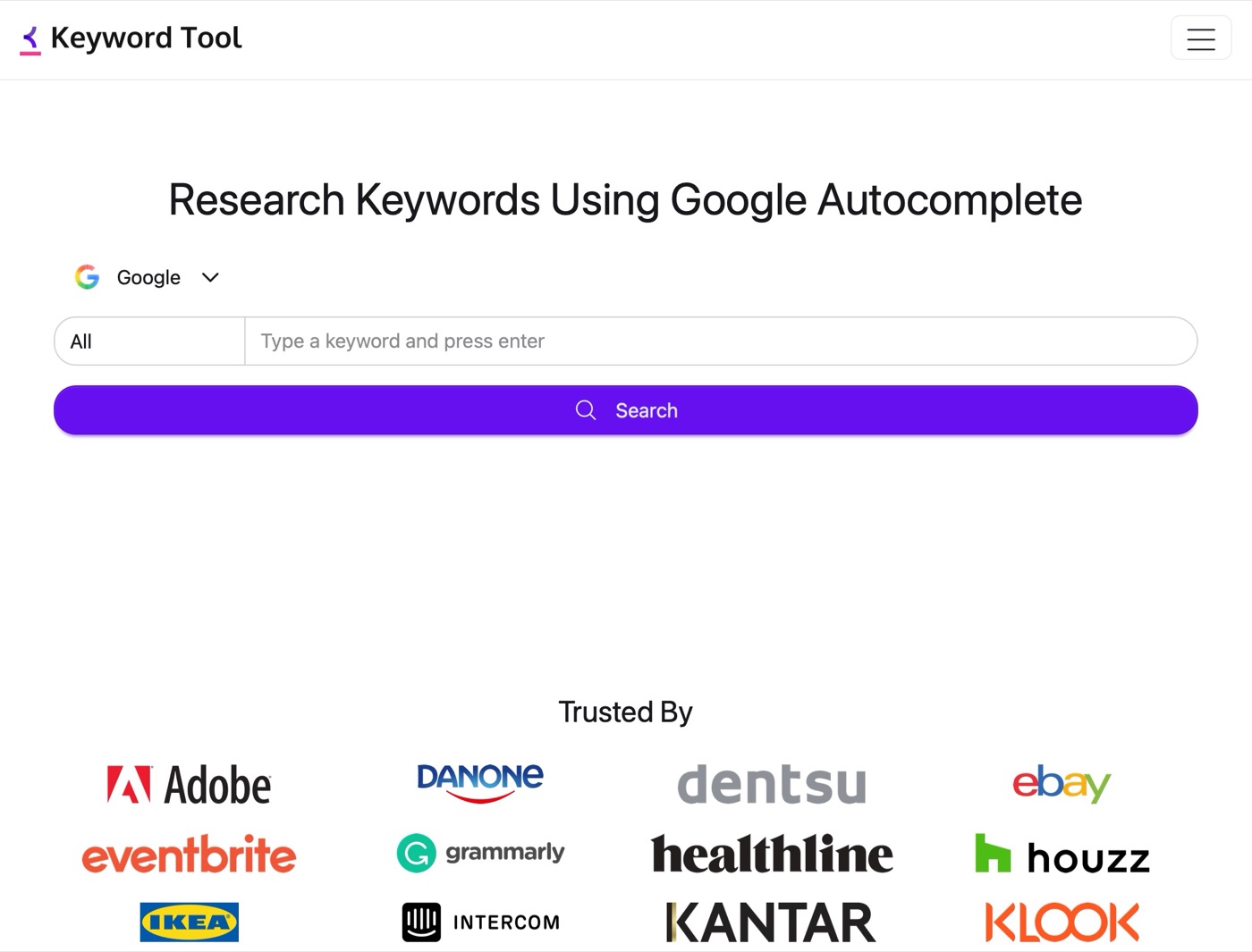 Keyword Tool homepage: research keywords using Google Autocomplete