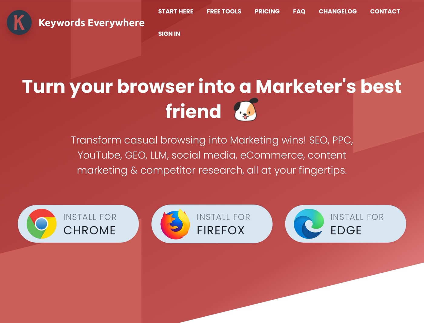 Keywords Everywhere homepage with install buttons for Chrome, Firefox and Edge