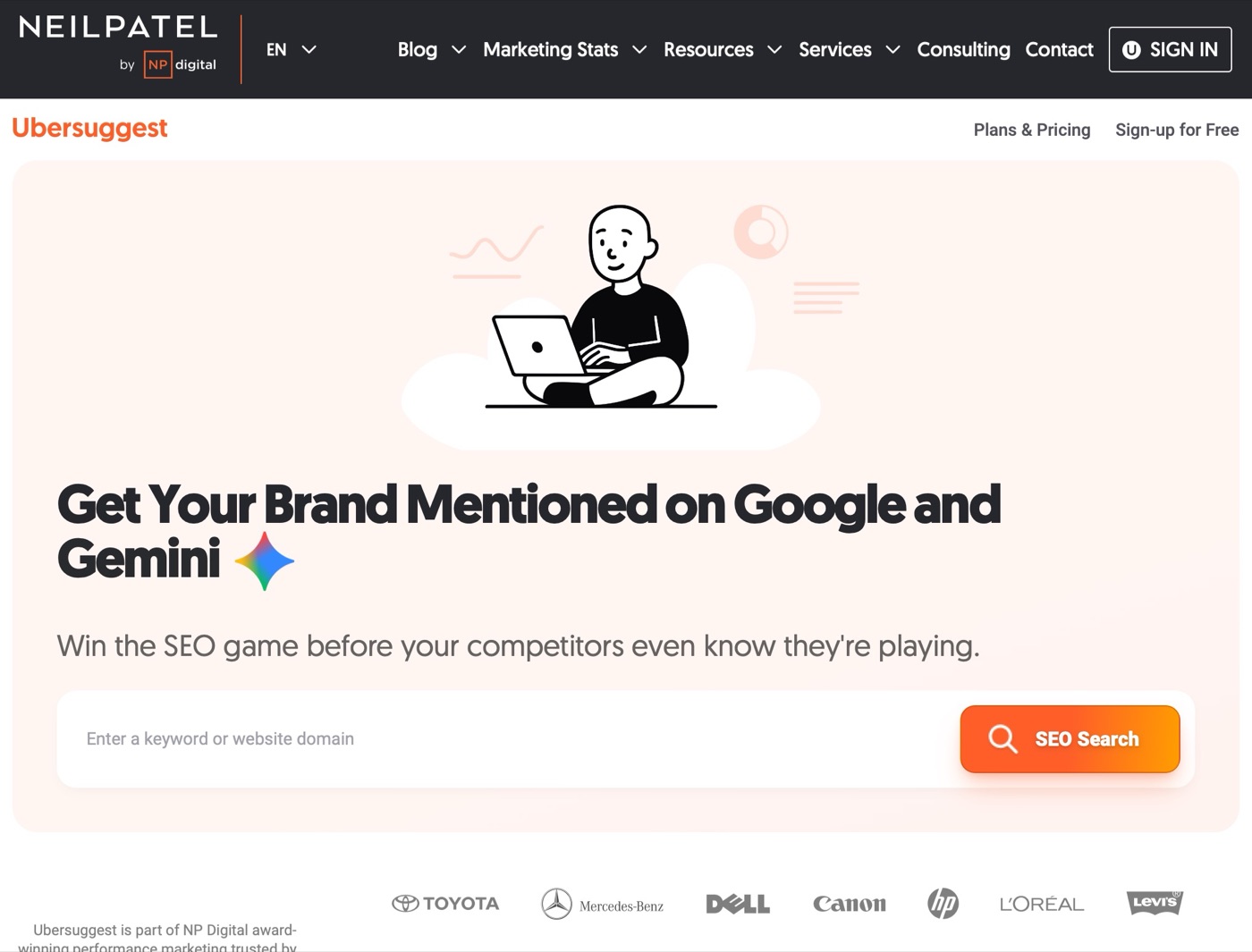 Ubersuggest homepage with a keyword or domain search box